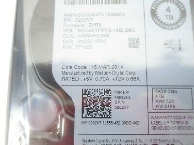 Dell OEM 4TB SAS 3.5" Hard Disk Drive 202V7 WD4001FYYG HDD LFF 6Gbps 7.2K